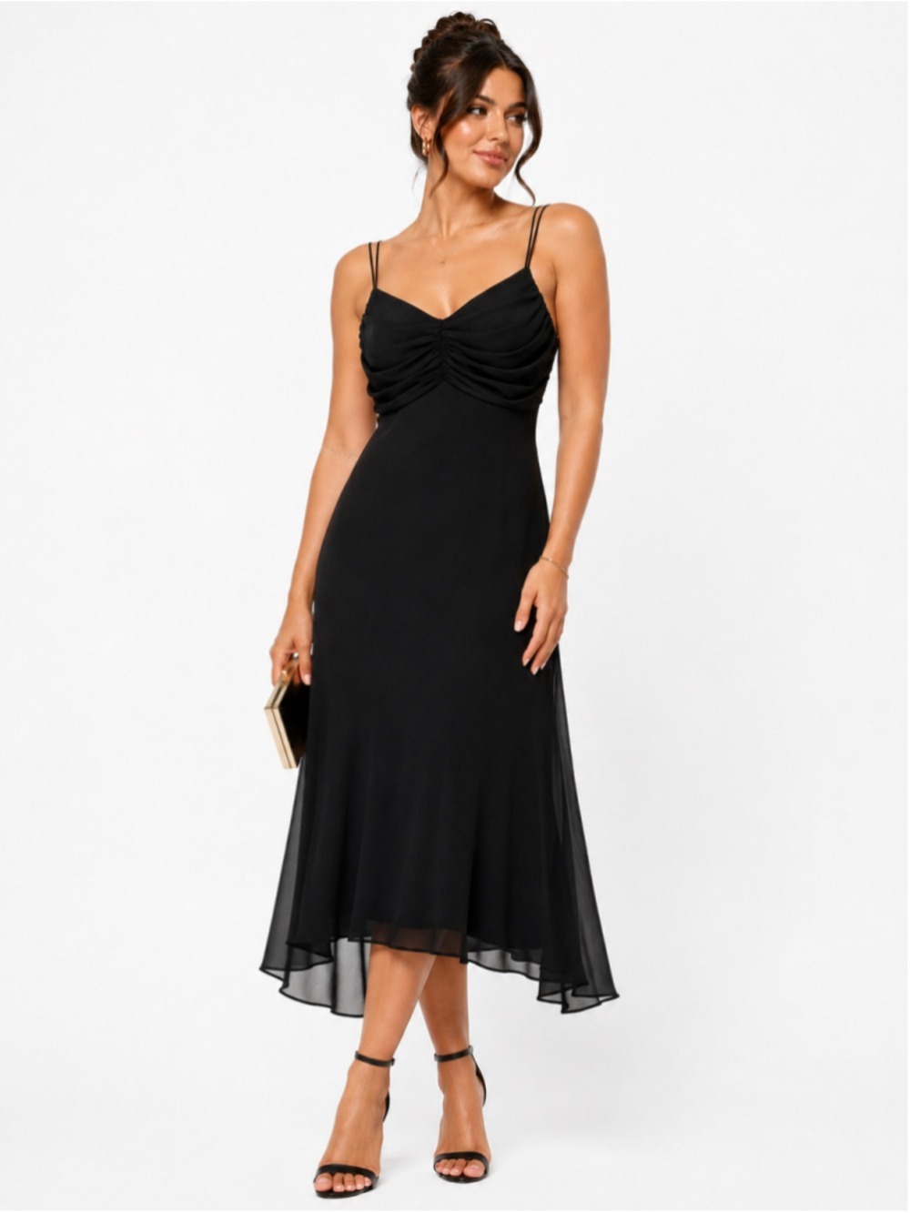 Black Cocktail Evening Dress Sheer Chiffon Midi Flowy Spaghetti Straps Petite S